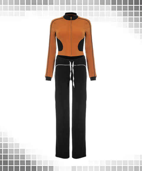 Colorblock Trim Zip-Up Collarless Elastic Waist High-Waist Pants Set