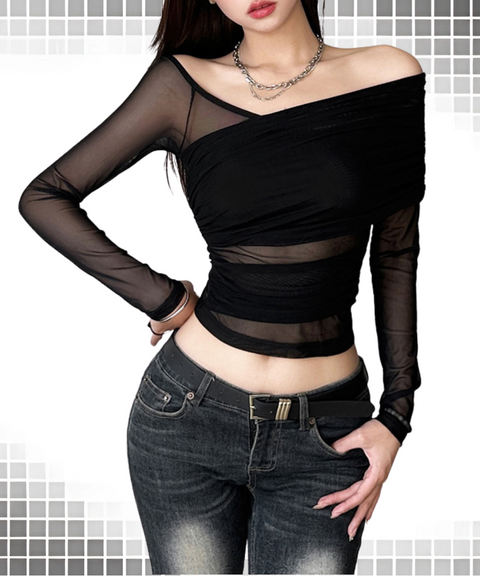 Off-shoulder mesh long-sleeved top