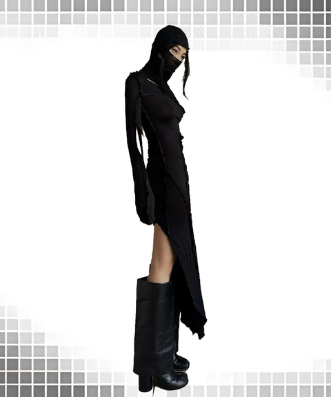 Solid Hooded High-Neck Wasteland Style Hollow-Out Long Sleeve Dress