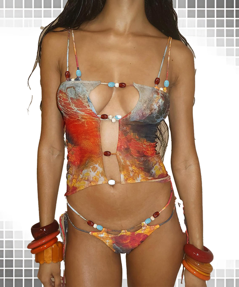 Trendy Print Mesh Tie-Up Bikini 3-Piece Set