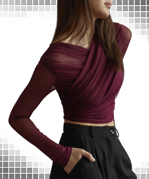 Solid Mesh Sexy Ruched Long Sleeve T-Shirt Top