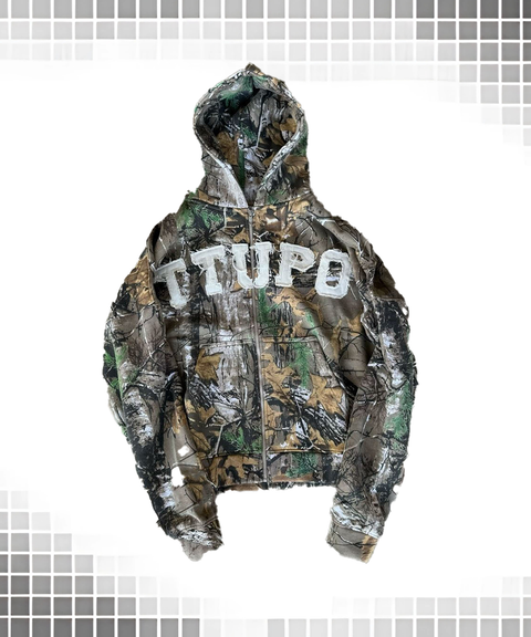 Vintage Distressed Camouflage Embroidered Hoodie