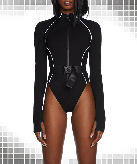 Solid Round Neck Long Sleeve Zipper Patchwork Reflective Slim Jumpsuit