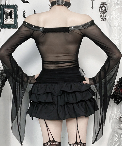 Dark Gothic Flocked Skull Print Sexy Flare Sleeve Top