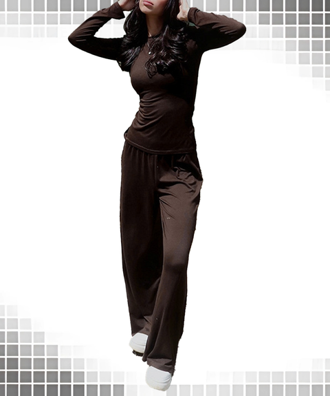Solid Basic Long Sleeve Top & Wide-Leg Pants Set