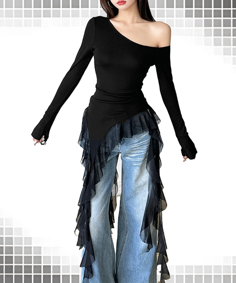 Solid Slim-Fit Street Style Asymmetric Off-Shoulder Long Sleeve Top