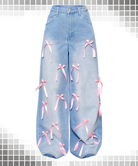 Bow Detail High-Waist Wide-Leg Street Style Distressed Loose Fit Women’s Jeans