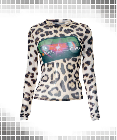 Sexy Mesh Leopard Print Round Long Sleeve Top