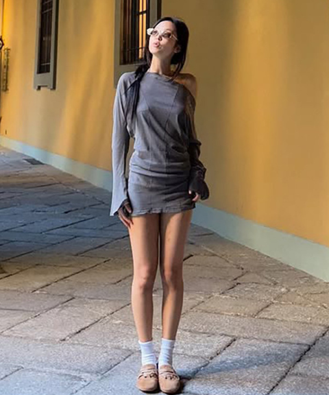 Asymmetric Off-Shoulder Long Sleeve Waist-Cinching Dress