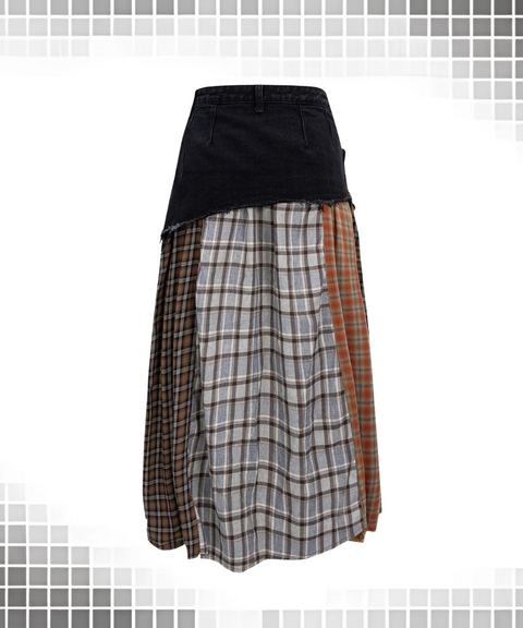 Paneled plaid denim skirt