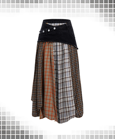 Paneled plaid denim skirt