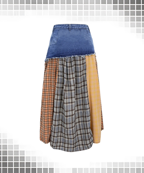 Paneled plaid denim skirt
