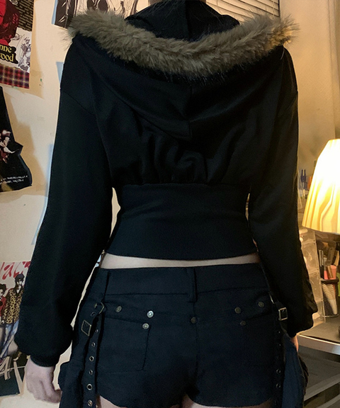 Fur Collar Hooded Waist-Cinching Zip-Up Jacket