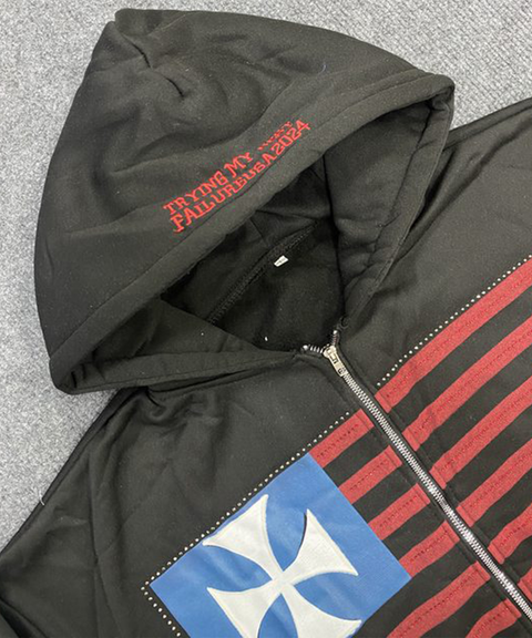 Trendy High-Street Flag Print Loose-Fit Hooded Zip-Up Hoodie