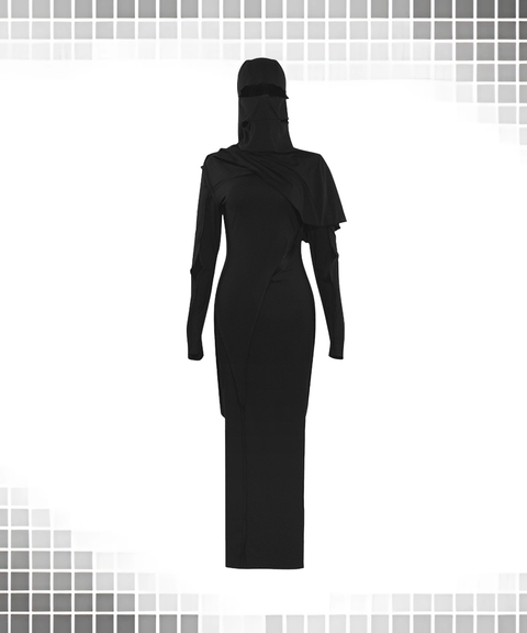 Solid Hooded High-Neck Wasteland Style Hollow-Out Long Sleeve Dress
