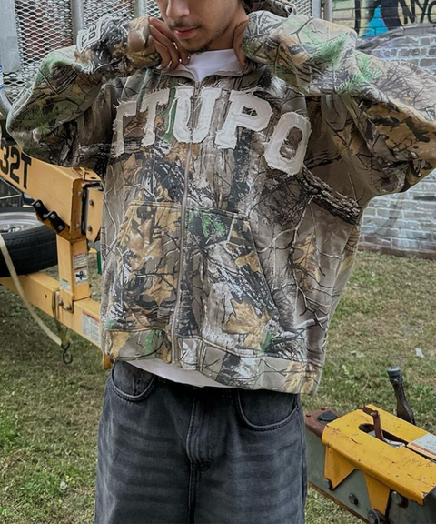Vintage Distressed Camouflage Embroidered Hoodie