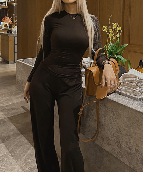 Solid Basic Long Sleeve Top & Wide-Leg Pants Set
