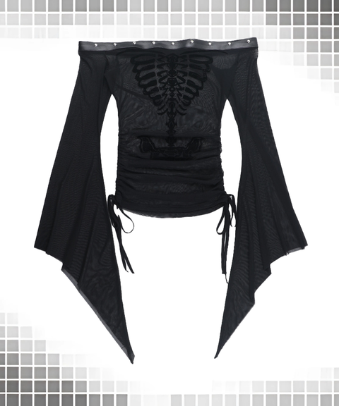 Dark Gothic Flocked Skull Print Sexy Flare Sleeve Top
