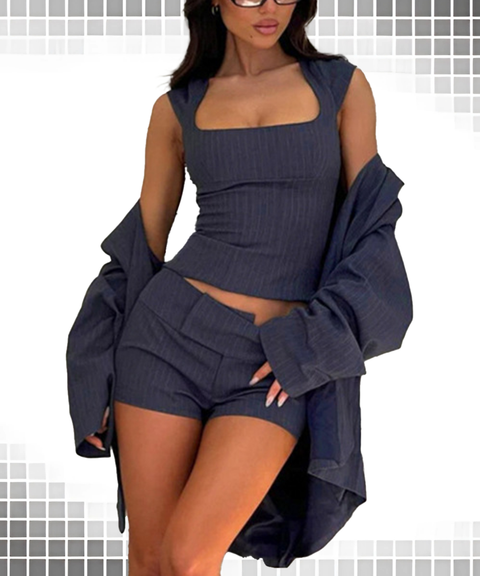 Chic Striped Backless Blazer Top and Shorts Set