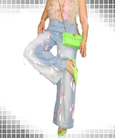 Bow Detail High-Waist Wide-Leg Street Style Distressed Loose Fit Women’s Jeans