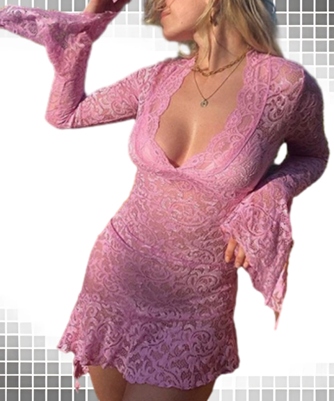 Solid Lace Hollow-Out Low-Cut Long Sleeve Bodycon Dress