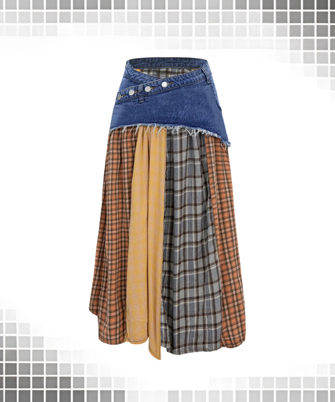 Paneled plaid denim skirt