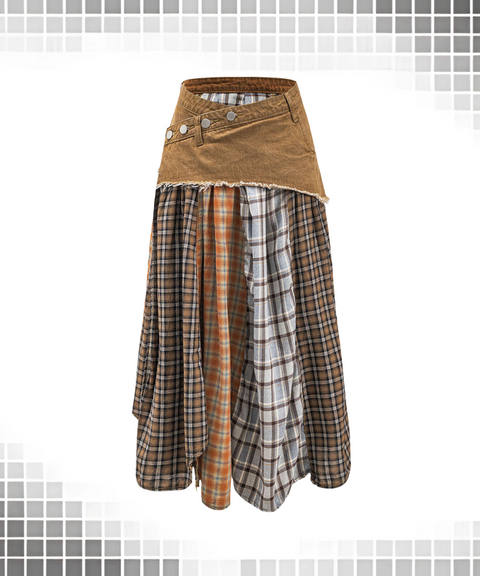 Paneled plaid denim skirt