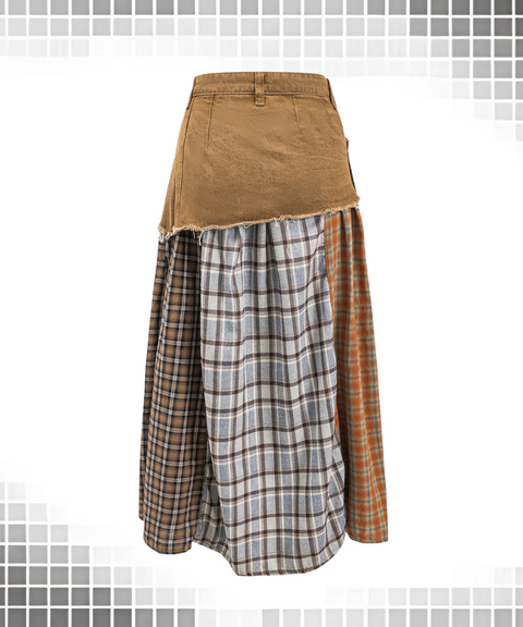 Paneled plaid denim skirt