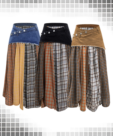 Paneled plaid denim skirt