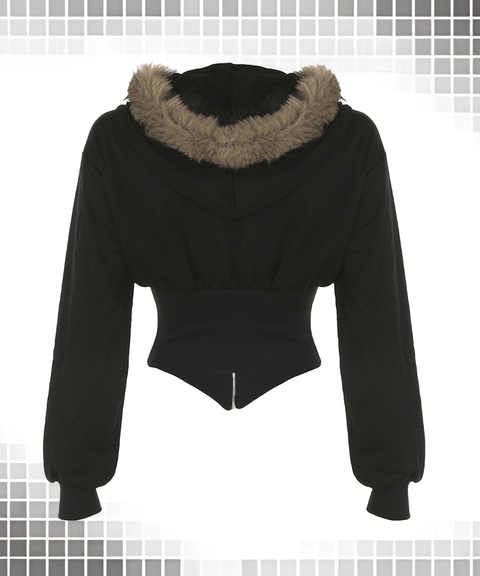 Fur Collar Hooded Waist-Cinching Zip-Up Jacket