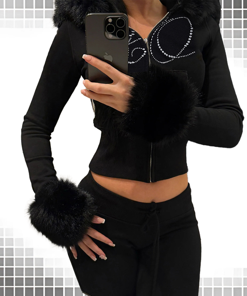 Fuzzy Long Sleeve Zip-Up Hoodie & Rhinestone Letter Jogger Two-Piece Set