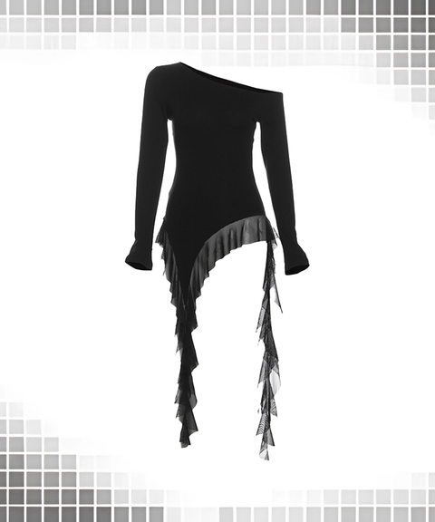 Solid Slim-Fit Street Style Asymmetric Off-Shoulder Long Sleeve Top