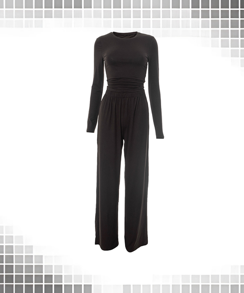 Solid Basic Long Sleeve Top & Wide-Leg Pants Set