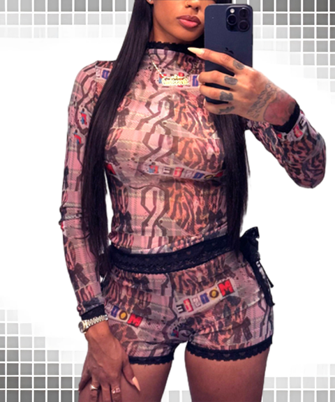 Graffiti Print Lace Trim Round Neck Crop Top & Tie-Waist Shorts Set