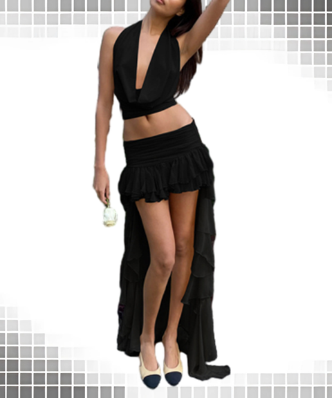 Solid Slim Halter Low-Waist Skirt Set