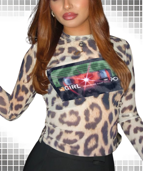Sexy Mesh Leopard Print Round Long Sleeve Top