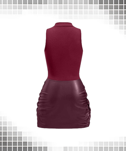 Solid Sleeveless Front Tie PU Trim Dress