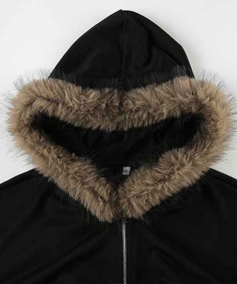 Fur Collar Hooded Waist-Cinching Zip-Up Jacket