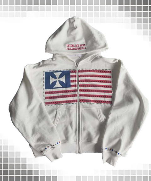 Trendy High-Street Flag Print Loose-Fit Hooded Zip-Up Hoodie