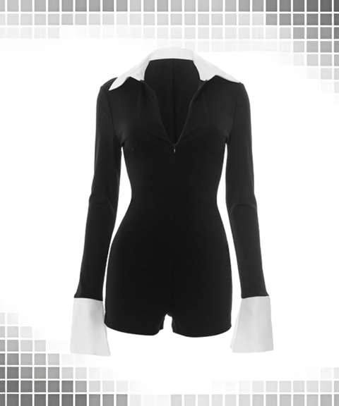 Collared Zip-Up Colorblock Split Sleeve Bodycon Jumpsuit