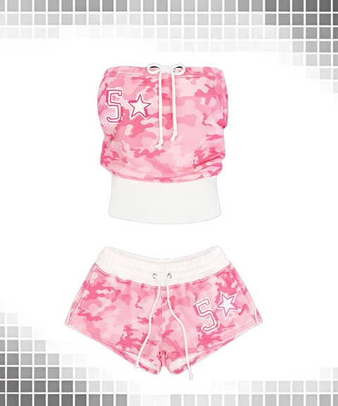 Retro Street Style Camo Strapless Crop Top & Shorts Set