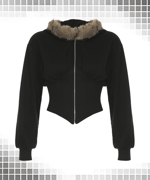 Fur Collar Hooded Waist-Cinching Zip-Up Jacket