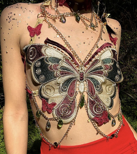 Embroidered butterfly metal charm vest