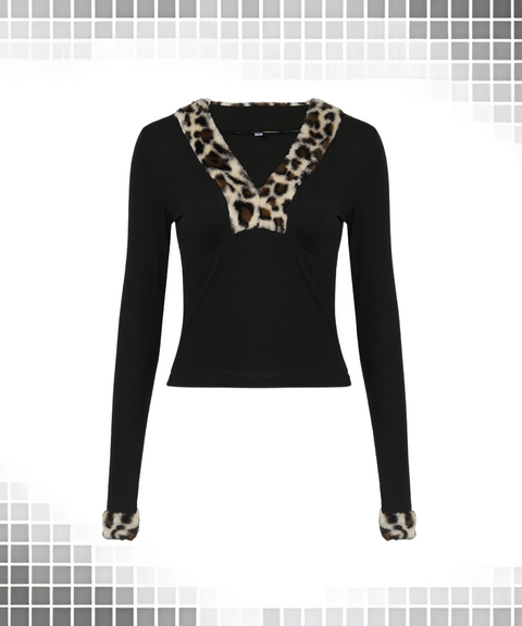 Leopard Patchwork V-Neck Long Sleeve Top