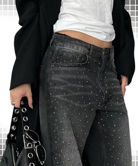 Rhinestone Loose Wide-Leg Low-Waist Jeans