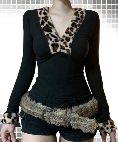 Leopard Patchwork V-Neck Long Sleeve Top