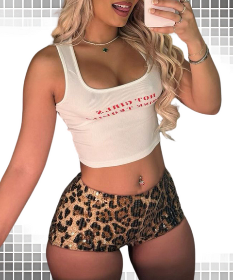Sequin Leopard Print Stretch Shorts