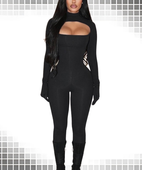 Sexy chest hollow jumpsuit (including gloves)