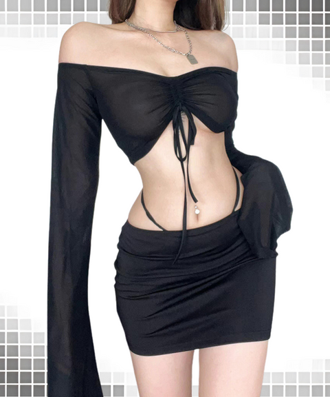 One-shoulder long-sleeved drawstring skirt two-piece set