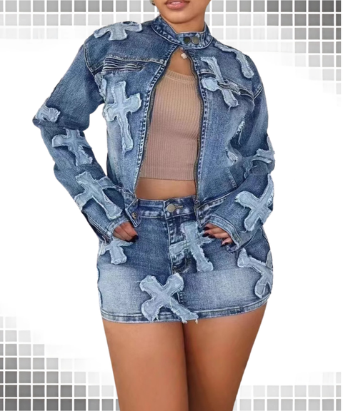 Cross Jacket and Skirt Two-Piece Set